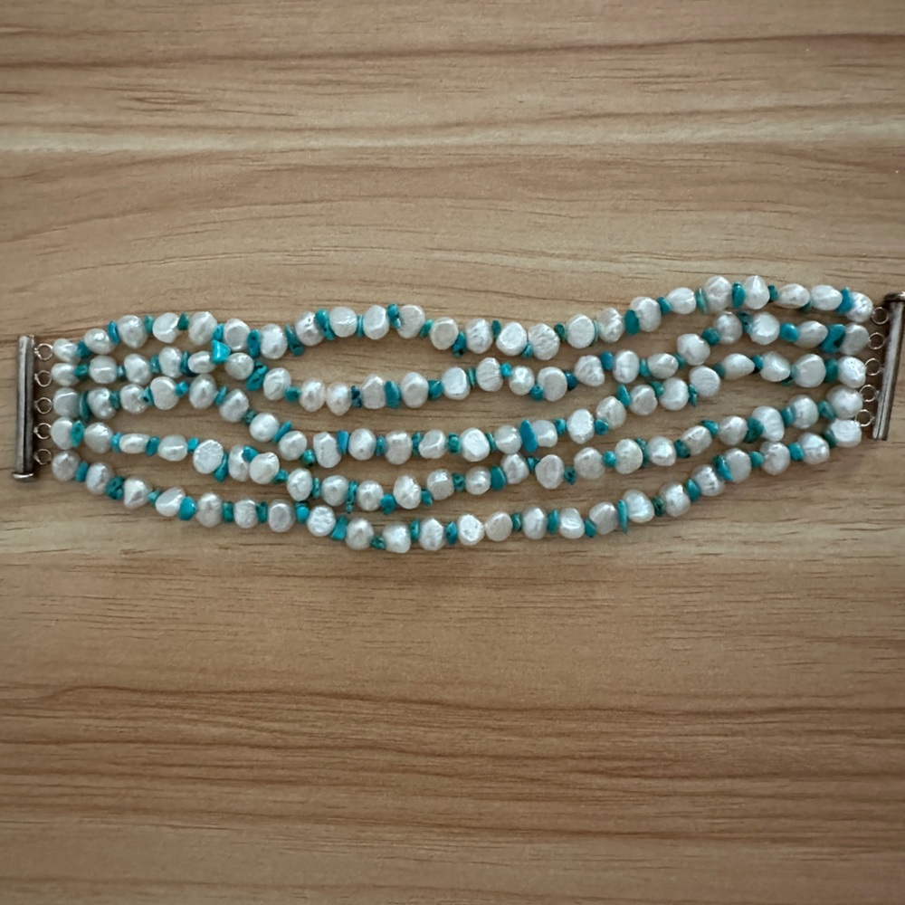 Baroque pearl and turquoise bracelet with sterling silver clasp.